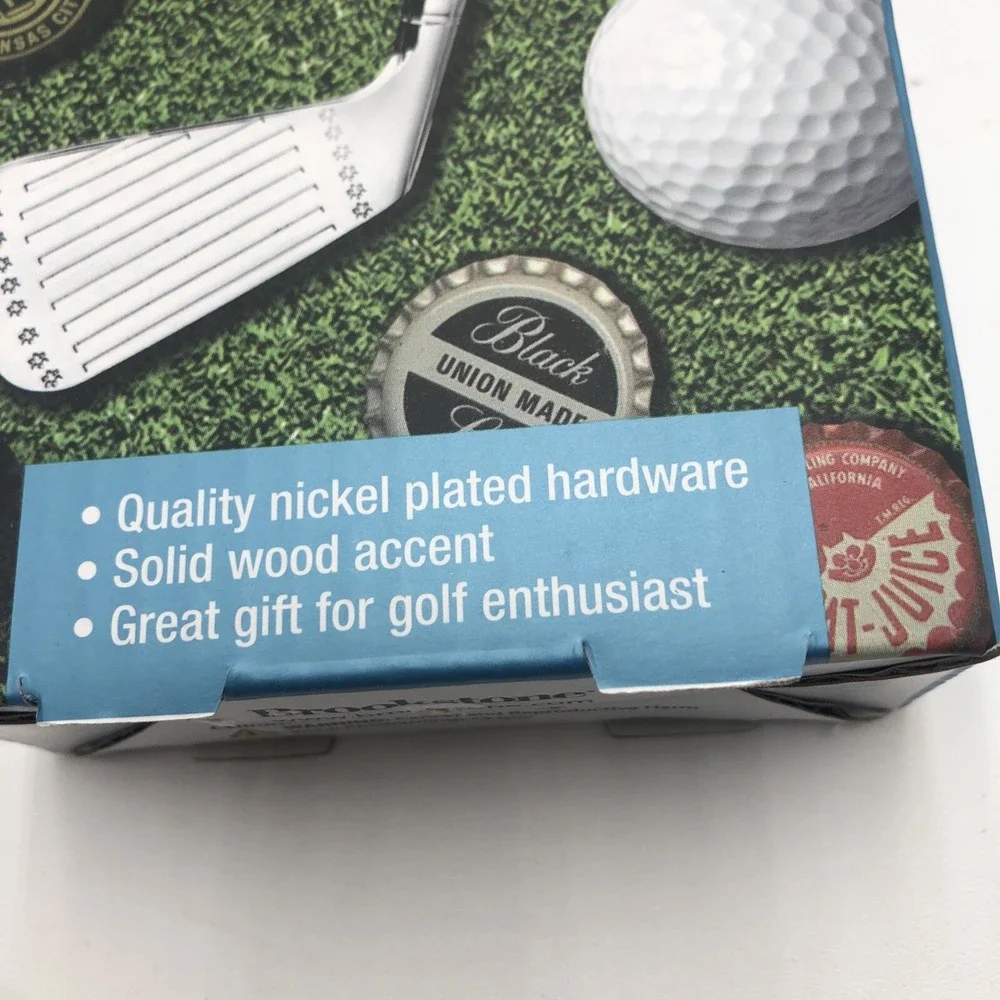 Brookstone Golf Club Bottle Opener Beer Soda New W Box Nickel Plated Wood Accent